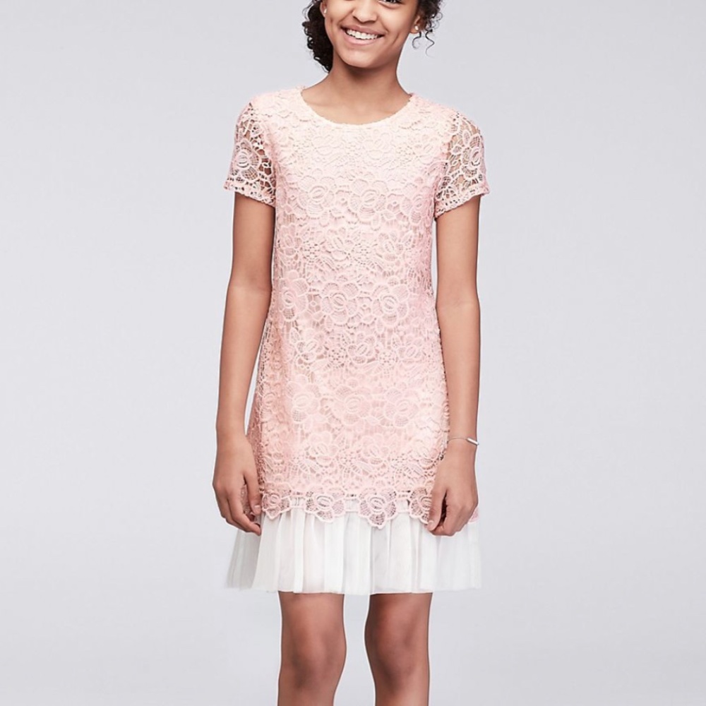 Trixxi Girl Cap Sleeve Lace Party Dress with Pleated Tulle Hem EUC